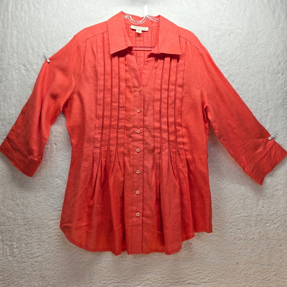 Coldwater Creek Womens L‎ Linen Button Down Coral Resort Tropical Island Coastal